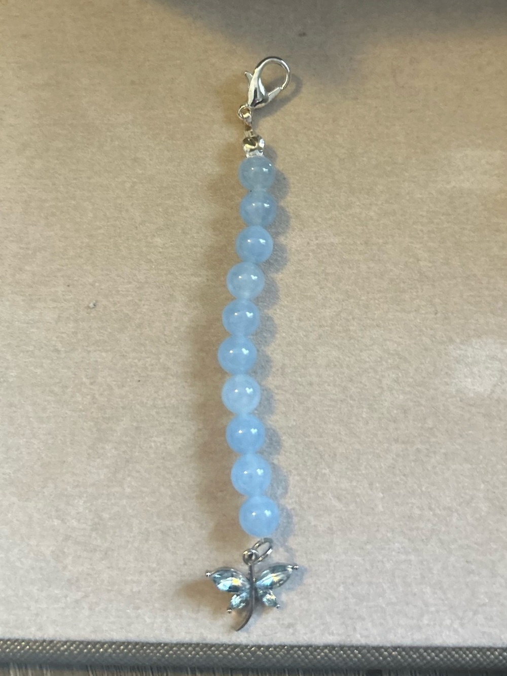 Blue Aquamarine Crystal Beaded Keychain with Butterfly Charm Pendant - Handmade